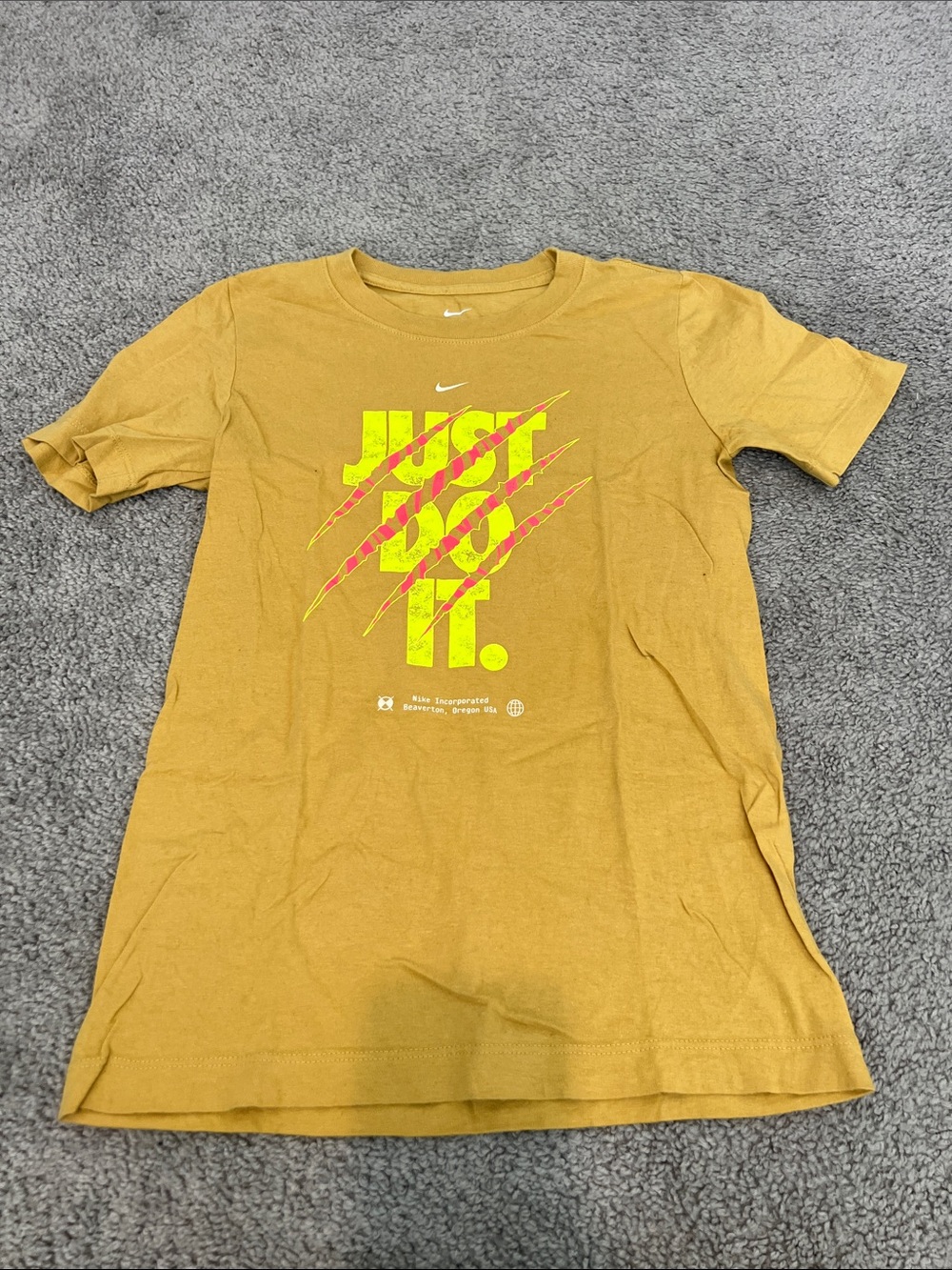 Nike Kids Mustard Yellow Short Sleeve Tee with Neon Graphic